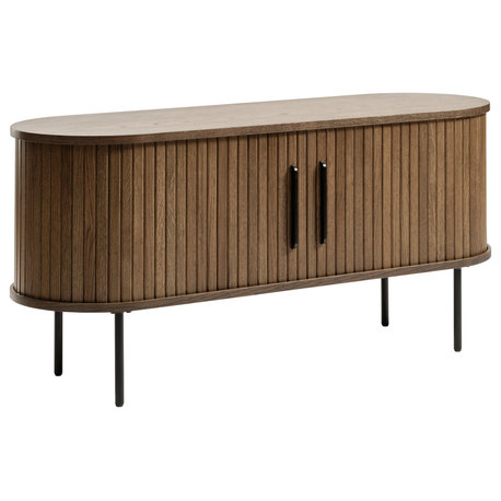 Mid-Century Modern Rounded Sliding Door TV Lowboard, Smoked Oak, 47"