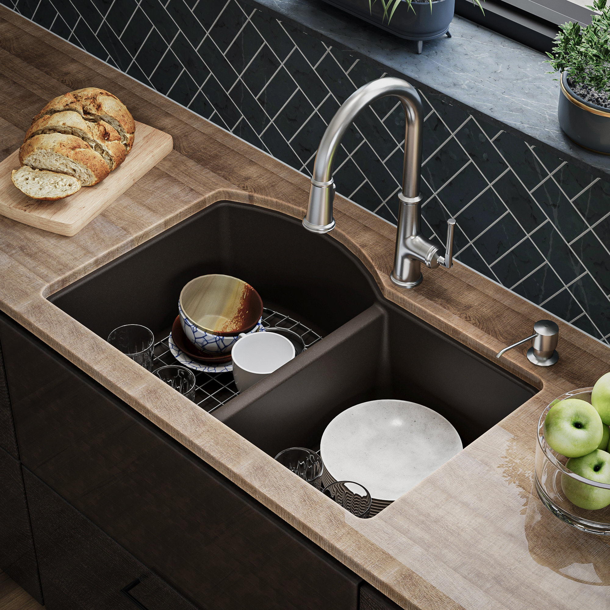 Karran Undermount Quartz 32" 60/40 Double Bowl Kitchen Sink Kit, Brown
