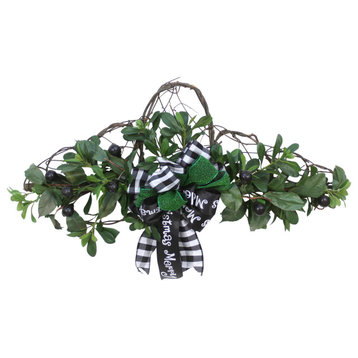 Vine Wall Hanging with Olives and Pittosporum with Black and Green Ribbon