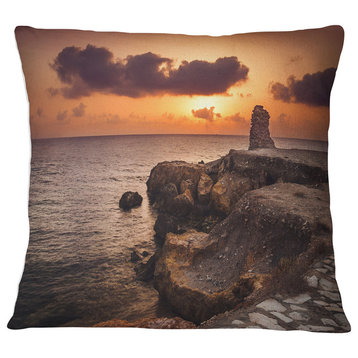 Beach Sunset with Ancient Ruins Oversized Beach Throw Pillow, 16"x16"