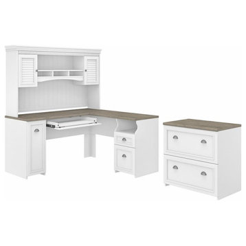Fairview L Desk with Hutch and File Cabinet in White and Gray - Engineered Wood