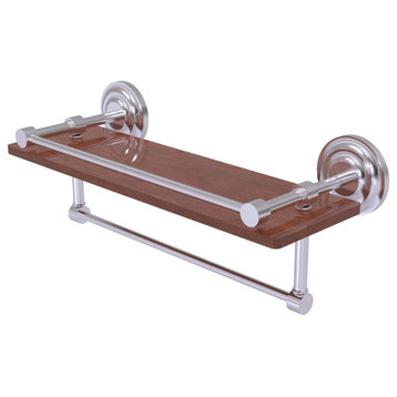 Que New 16" Wood Shelf with Gallery Rail and Towel Bar, Satin Chrome