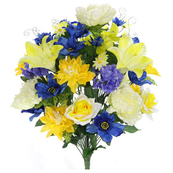 36 Stems Artificial Full Blooming Mixed Flower Bush, Yellow/Blue/Cream