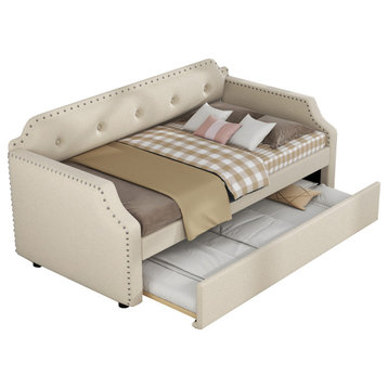 Upholstered Daybed with Trundle, Wood Slat Support(No mattress), Beige