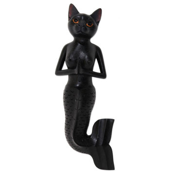 NOVICA Black Mermaid Cat And Wood Wall Sculpture