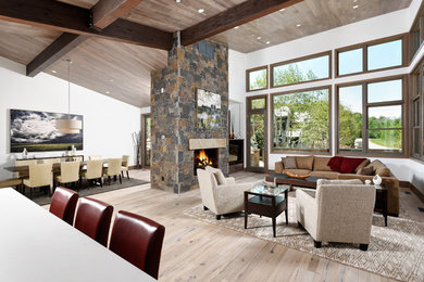 Inspiration for a large modern open concept light wood floor living room remodel in Other with a standard fireplace and a stone fireplace