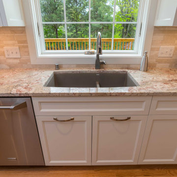 Modern Kitchen with White Flat Panel Shaker Cabinets & Natural Stone Backsplash
