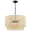 20" 4-Light Rattan Tiered Drum Chandelier Light With Black Canopy
