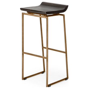 Givens Dark Brown Solid Wood Seat with Gold Metal Frame Bar Stool