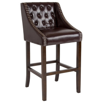 30" Brown Faux Leather Tufted Barstool With Walnut Frame and Accent Nail Trim