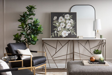 Mid-sized eclectic formal and open concept medium tone wood floor, brown floor and wall paneling living room photo in Toronto with beige walls, no fireplace and no tv