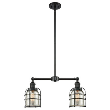 2-Light Small Bell Cage 22" Chandelier, Matte Black, Glass: Silver Mercury