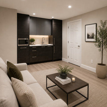 Modern Basement Living Room with Kitchenette