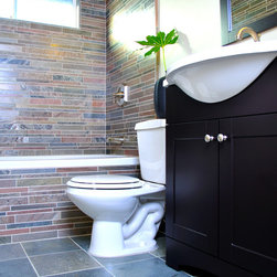 Island Stone copper quartzitic slate bathroom with linear interlock - Tile