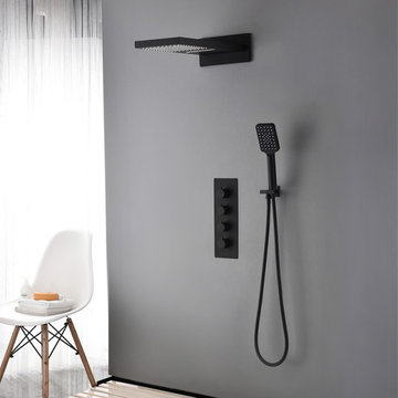 $466.99 Modern Luxury Wall Mounted Waterfall Rain Shower System Solid Brass Matt