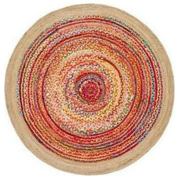 Round Area Rug, Handmade Braided Natural Jute Fibers & Multicolored Cotton, 7'
