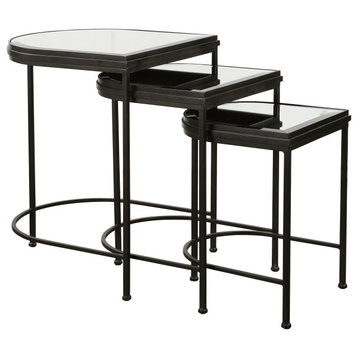 Demilune Half Oval Nesting Table Modern Black Metal Mirror Top, 3-Piece Set