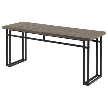 Contemporary Dining Bench, Double Metal Legs With Wooden Seat, Gray Hickory