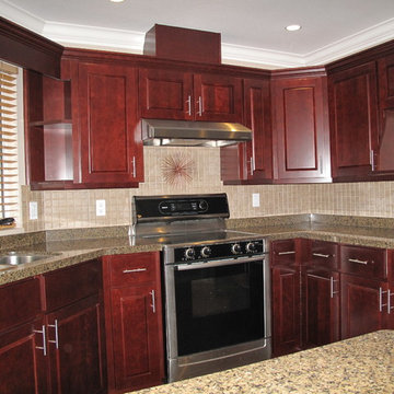 Modern Kitchen Remodel Done In a Cherry Veneer and Burgundy Stain