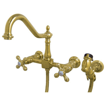 Kingston Brass Wall Mount Bridge Kitchen Faucet w/Brass Sprayer, Polished Brass