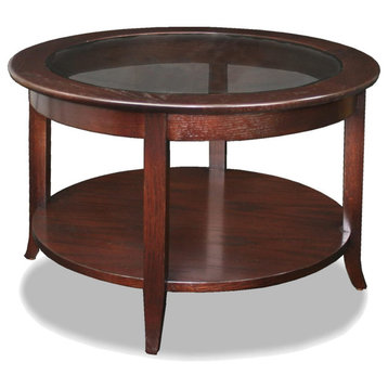 Round 30-Inch Glass Top Coffee Table with Shelf in Chocolate Oak Finish