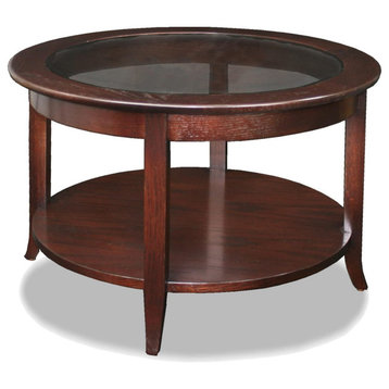 Traditional Coffee Table, Round Tempered Glass Top & Lower Wooden Shelf