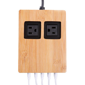 Power Hub 5 USB + 2 AC Charging Station, Eco-Friendly Bamboo, 4 Short Cords (Usb-C)