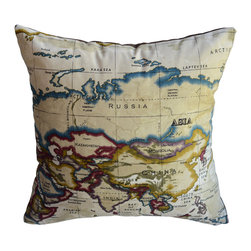 KH Window Fashions, Inc. - 18"x18" Old-Fashioned World Atlas Map Pillow, Brown, Without Insert - Decorative Pillows