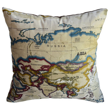 18"x18" Old-Fashioned World Atlas Map Pillow, Brown, Without Insert