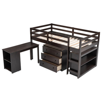 TATEUS Multifunctional Loft Bed With Cabinet and Rolling Desk and Bookshelf, Espresso, Twin
