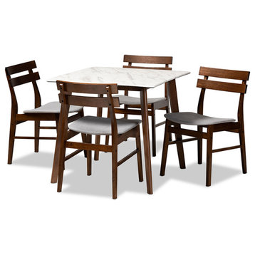 Audria Mid-Century 5-Piece Dining Set With Faux Marble Table, Light Gray/Walnut