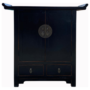 Oriental Chinese Black Wood Moon Face Credenza Storage Cabinet Hcs7556