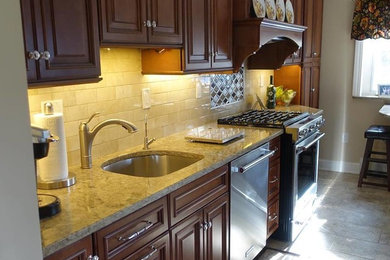 Trendy multicolored floor kitchen photo in Other with an undermount sink, raised-panel cabinets, medium tone wood cabinets and granite countertops
