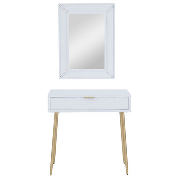 Contemporary Console Table With Mirror, Golden Legs & Geometric Accents, White