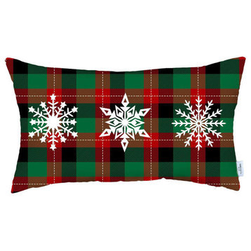 Christmas Snowflake Trio Plaid Lumbar Throw Pillow