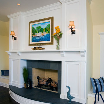 White Painted Millmade Fireplace with Montauk Blue Raised Threshold and Stone Su