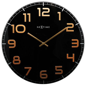 Large Classy Round Wall Clock, Glass, Black and Copper, Battery Operated