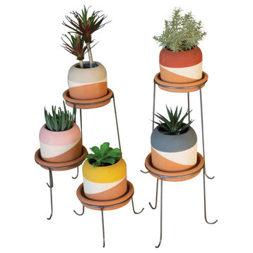 Mid Century Modern Tricolor Dipped Clay Planter Pots 5-Piece Set