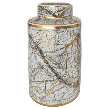 Ceramic 16" Jar With Gold Lid, White