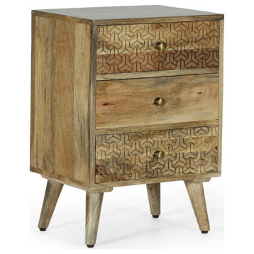 Boho Nightstand, Mango Wood Construction & Unique Geometric Accents, Natural