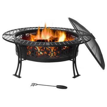 Sunnydaze 40" Fire Pit Black Steel Four Star Design with Spark Screen and Poker