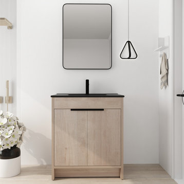 BNK Bathroom Vanity With Adjustable Shelf(KD-PACKING), Black Ceramic Sink, 30"