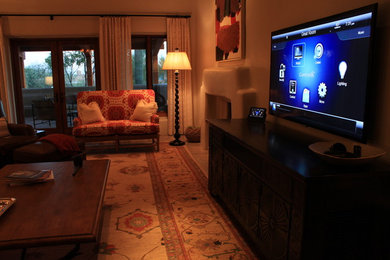 Large mountain style open concept and formal light wood floor living room photo in Phoenix with a wall-mounted tv