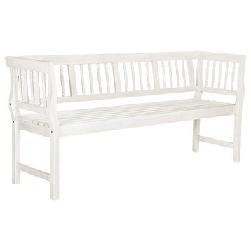 Unique Outdoor Bench, Acacia Wood Seat and Elegant Slatted Back, Antique White