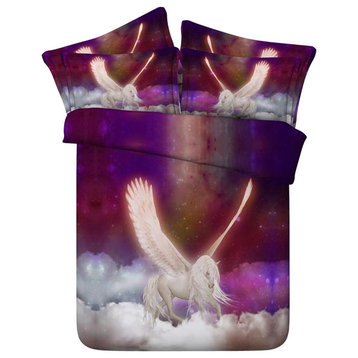 3D Bedding, Stunning Purple and White Pegasus, 4-Piece Duvet Cover Set, King