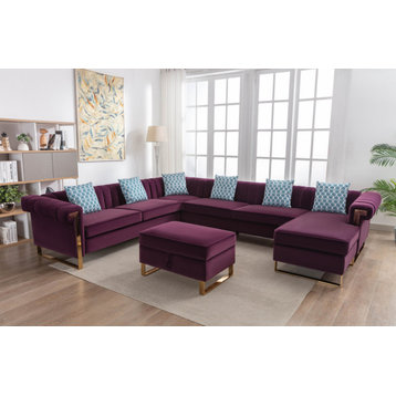 Maddie Velvet 8-Seater Sectional Sofa With Reversible Chaise and Storage Ottoman, Purple