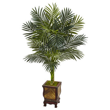 4.5' Golden Cane Palm Artificial Tree, Wooden Decorated Planter