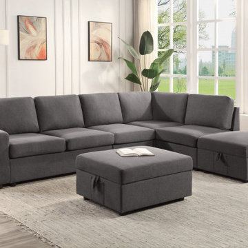Waylon 119" Gray Linen 7-Seater L-Shape Sectional Sofa with Storage Ottomans and