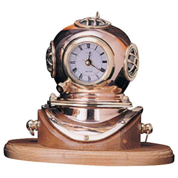 Polished Brass Quartz Dive Helmet Clock With Lacquer Coating and Oak Base