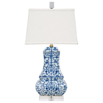 Blue and White Floral Porcelain Vase Clear Base Table Lamp 24"